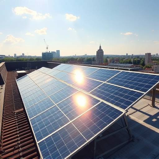 Imagen de paneles solares en un tejado urbano